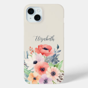 Custom Name Watercolor Floral Anemone iPhone 15 Plus Case