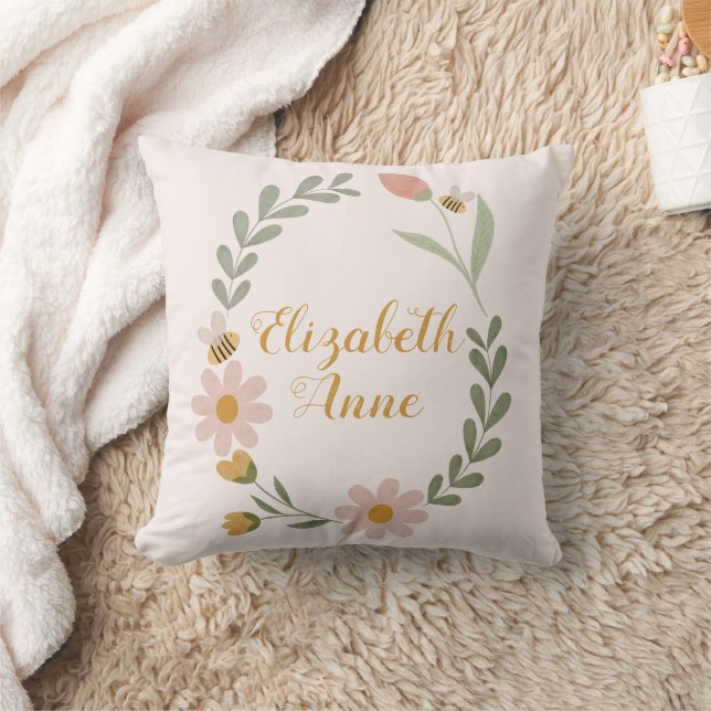 Custom Name Watercolor Floral Spring Nursery Throw Pillow (Blanket)