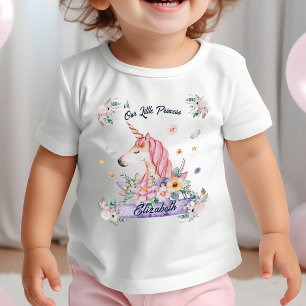 Custom Name Watercolor Flower Unicorn Girl Baby T-Shirt