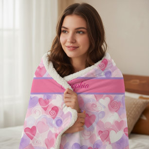 Custom Name Watercolor Hearts Valentine’s Day Sherpa Blanket