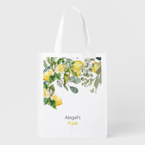 Custom Name Watercolor Lemons  Foliage Fruit Grocery Bag