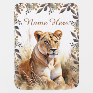 Custom Name Watercolor Lion Personalized Baby Blanket