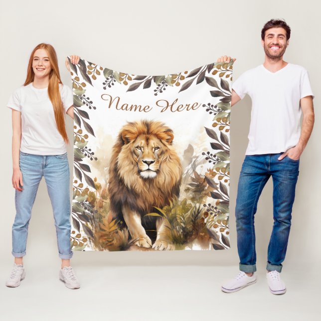 Custom Name Watercolor Lion Personalized Kid Fleece Blanket (In Situ)