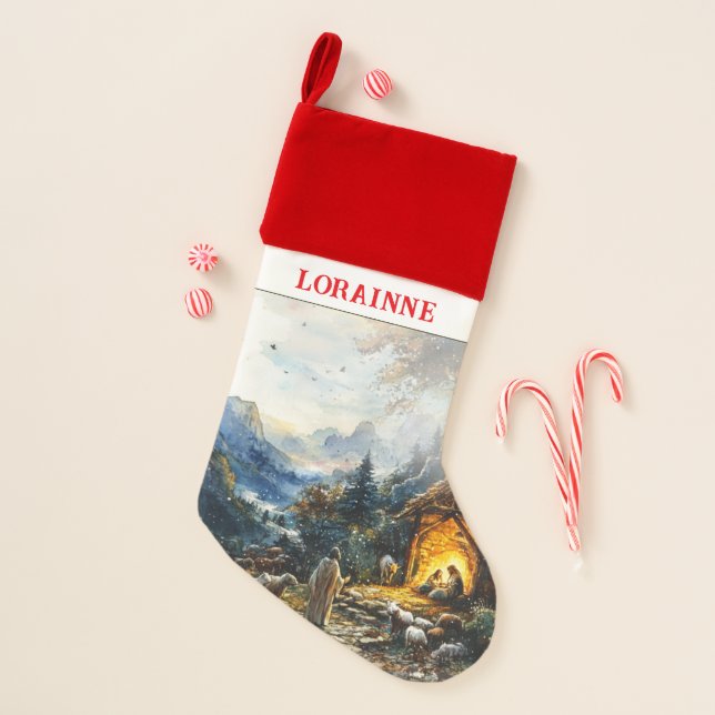 Custom name watercolor Nativity Christmas  Stocking (Front)