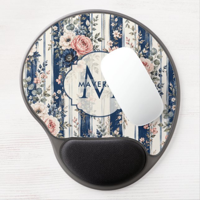 Custom name navy floral stripe watercolor gel mouse pad