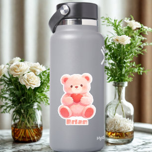 Custom Name Watercolor Pink Teddy Bear Heart Sticker