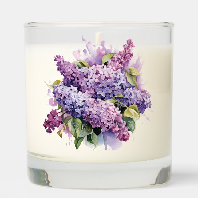 Custom Name Watercolor Purple Lilac Flowers Scented Candle (Front)