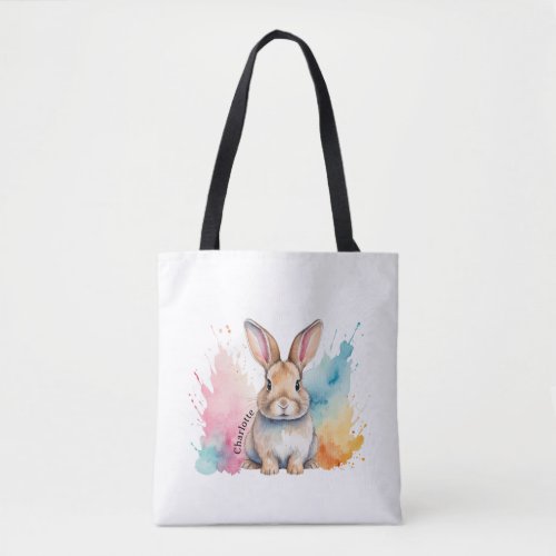 Custom Name Watercolor Rainbow Easter Bunny Tote Bag