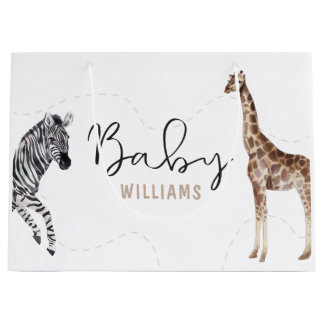 Custom Name Watercolor Safari Animal Baby Shower Large Gift Bag
