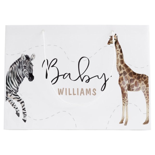 Custom Name Watercolor Safari Animal Baby Shower Large Gift Bag (Front)