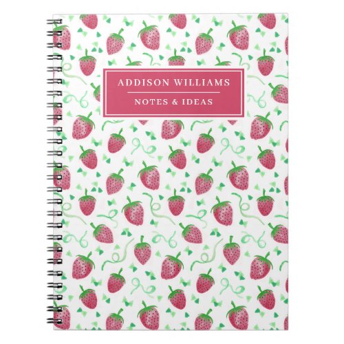 Custom Name Watercolor Strawberry Pattern Notebook