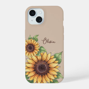 Custom Name Watercolor Sunflower Rustic iPhone 15 Case