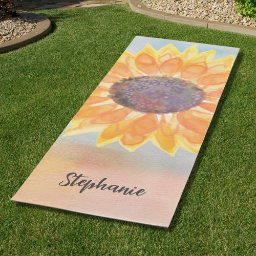 Custom Name Watercolor Sunflower  Yoga Mat