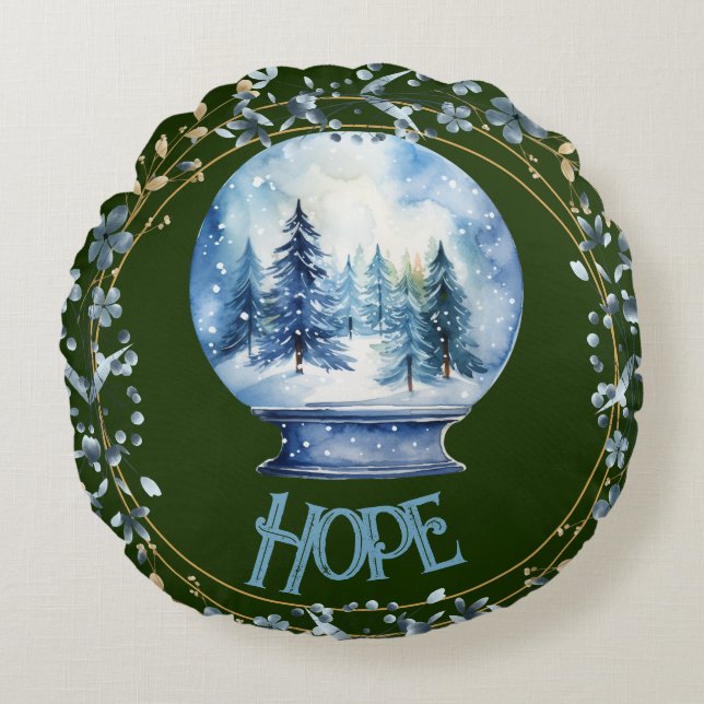 Custom Name Watercolor Winter Forest Snowglobe Round Pillow (Front)