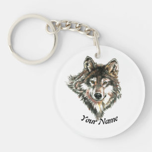 Custom Name Watercolor Wolf Animal Art Keychain