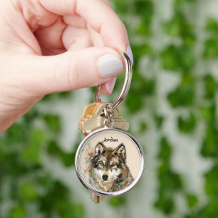 Custom Name Watercolor Wolf Head Keychain