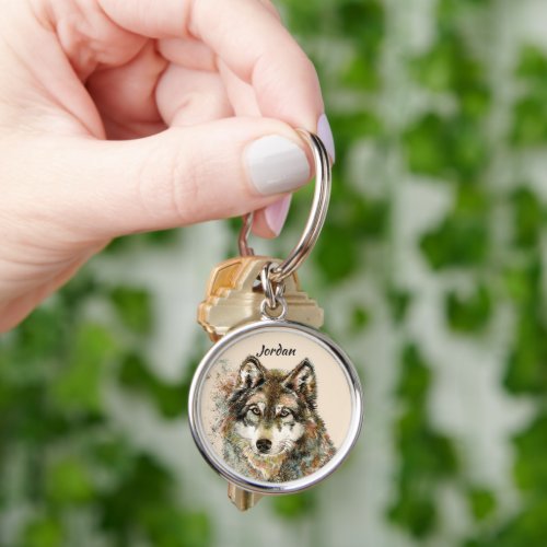 Custom Name Watercolor Wolf Head Keychain