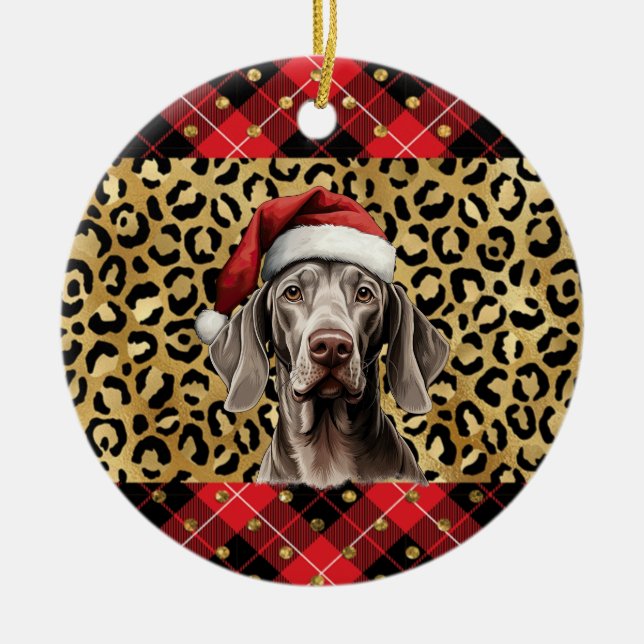 Custom Name Weimaraner dog Santa hat Buffalo Plaid Ceramic Ornament (Front)
