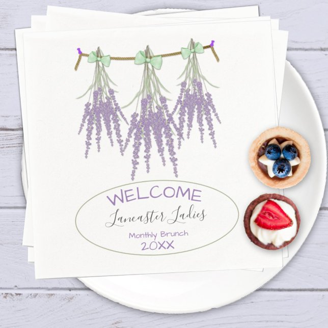 Custom Name Welcome Dried Lavender Bundles Brunch Napkins (standard cocktail design on white napkin)