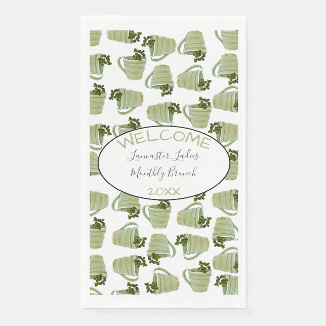 Custom Name Welcome Green Tea Cups Brunch Paper Guest Towels (Front)