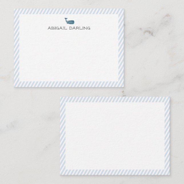 Custom Name Whale Blue and White Stripe Nautical Note Card (Front/Back)