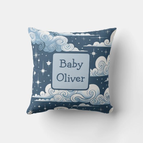 Custom Name Whimsical Blue Celestial Baby Boy  Throw Pillow