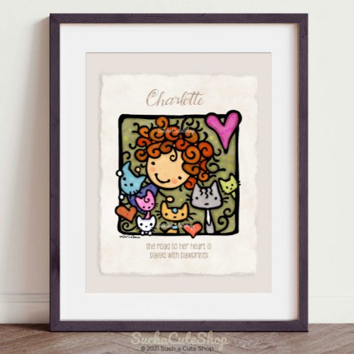 Custom Name Whimsical Curly Girl Loves Cats  Poster