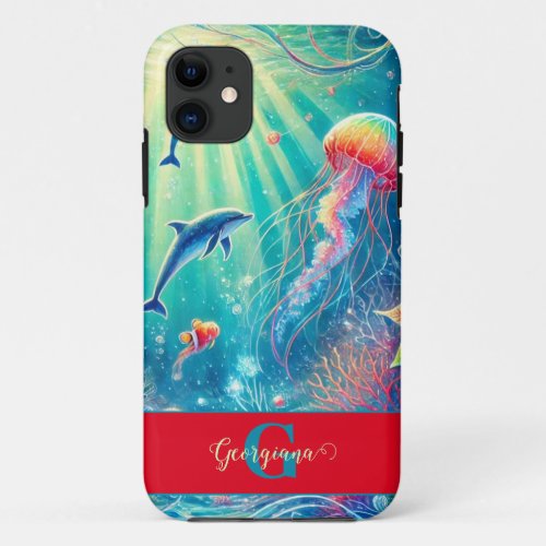 Custom Name Whimsical Floral Coral Reef Poinsettia iPhone 11 Case