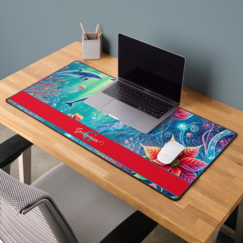 Custom Name Whimsical Floral Coral Reef Poinsettia Desk Mat