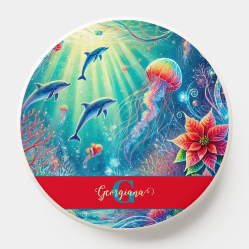 Custom Name Whimsical Floral Coral Reef Poinsettia PopSocket