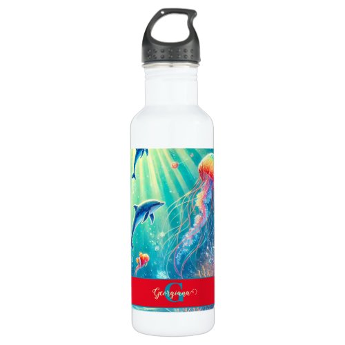 Custom Name Whimsical Floral Coral Reef Poinsettia Stainless Steel Water Bottle