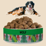 Custom Name Whimsical Nature Dog Cat Bowl<br><div class="desc">Whimsical,  colourful forest scene with flying fish. trees,  water,  raindrops and the sun. The design on this pet food or water bowl is fun and imaginative.  A nature inspired pattern for your dog or cat utilizing red,  green,  orange and pink colors. Customize by adding your dog or cat’s name.</div>