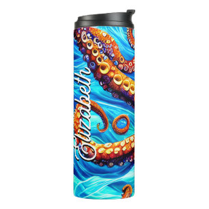 Custom Name Whimsical Octopus Blue Ocean Wave Thermal Tumbler