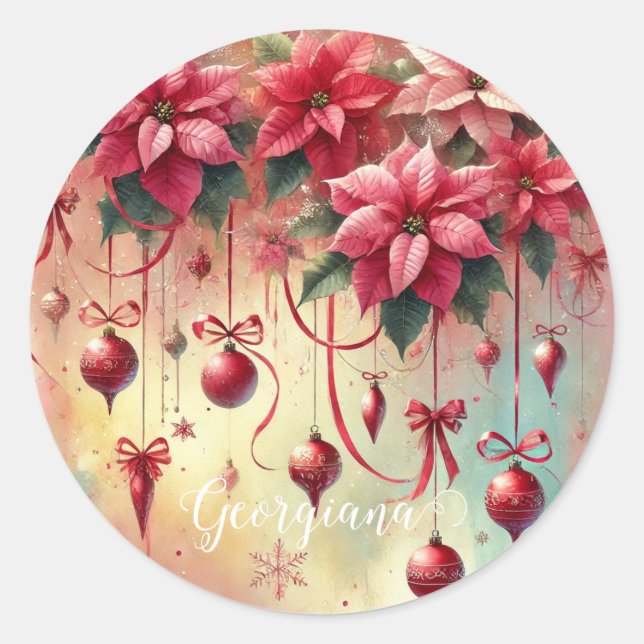 Custom Name Whimsical Poinsettia Christmas Baubles Classic Round Sticker (Front)