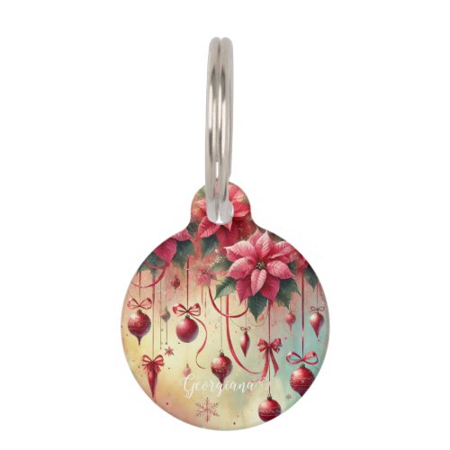 Custom Name Whimsical Poinsettia Christmas Baubles Pet ID Tag