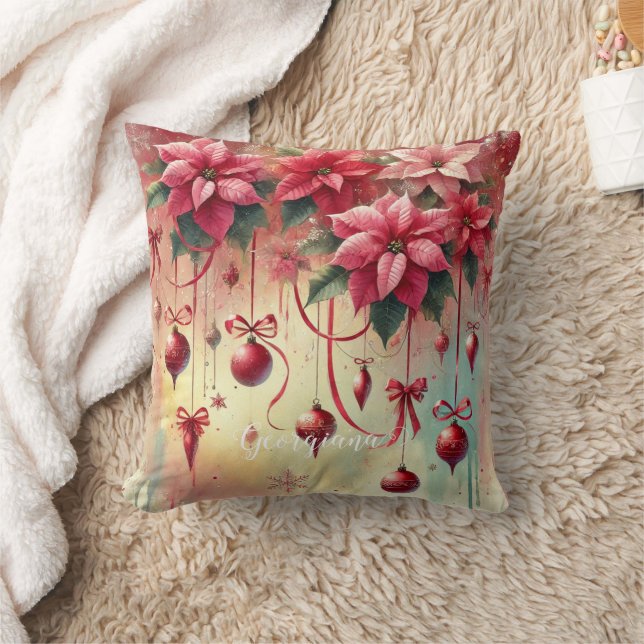 Custom Name Whimsical Poinsettia Christmas Baubles Throw Pillow (Blanket)