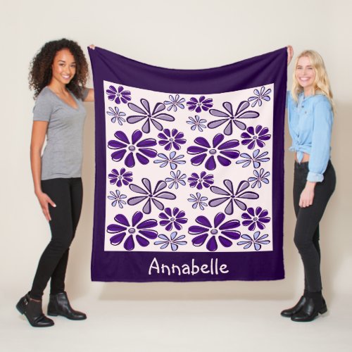 Custom Name Whimsical Purple Floral Doodle Fleece Blanket