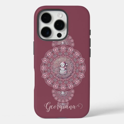 Custom Name Whimsical Snowman Ornamental Mandala iPhone 16 Pro Case