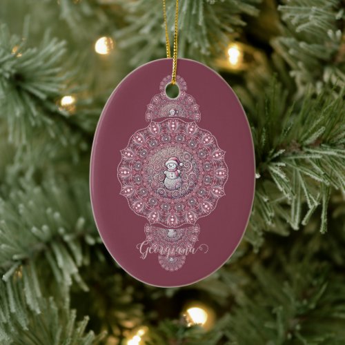 Custom Name Whimsical Snowman Ornamental Mandala Ceramic Ornament