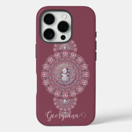Custom Name Whimsical Snowman Ornamental Mandala iPhone 16 Pro Case