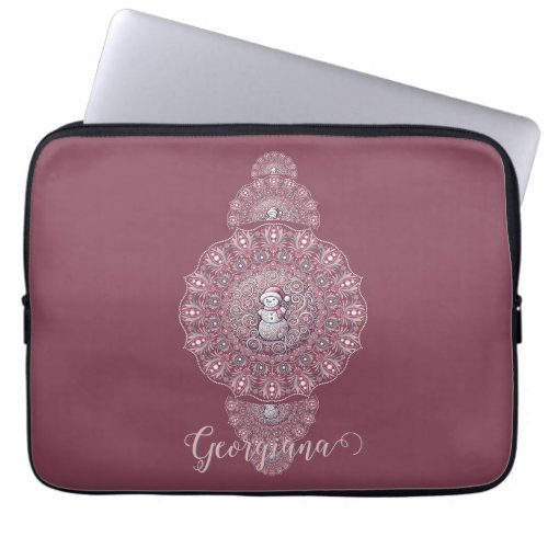 Custom Name Whimsical Snowman Ornamental Mandala Laptop Sleeve
