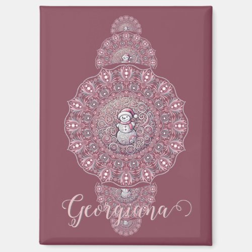 Custom Name Whimsical Snowman Ornamental Mandala Magnet