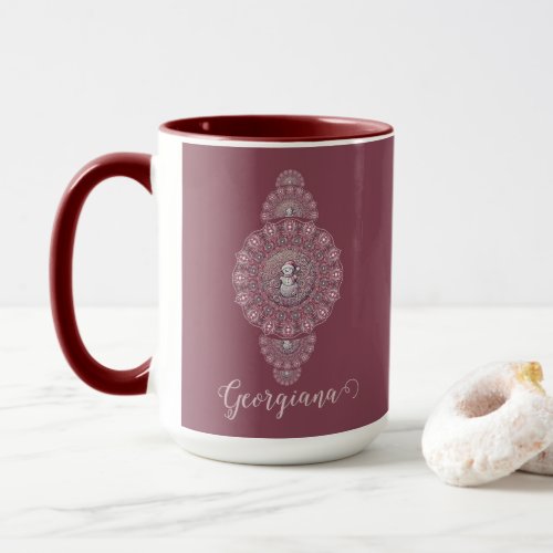 Custom Name Whimsical Snowman Ornamental Mandala Mug