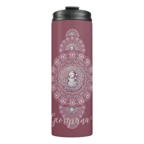 Custom Name Whimsical Snowman Ornamental Mandala Thermal Tumbler