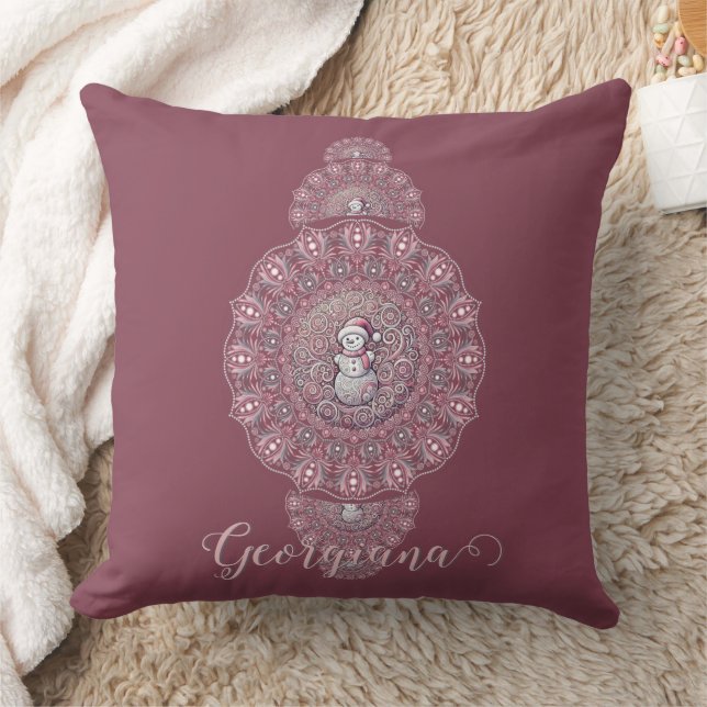 Custom Name Whimsical Snowman Ornamental Mandala Throw Pillow (Blanket)