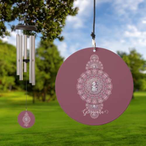 Custom Name Whimsical Snowman Ornamental Mandala Wind Chime