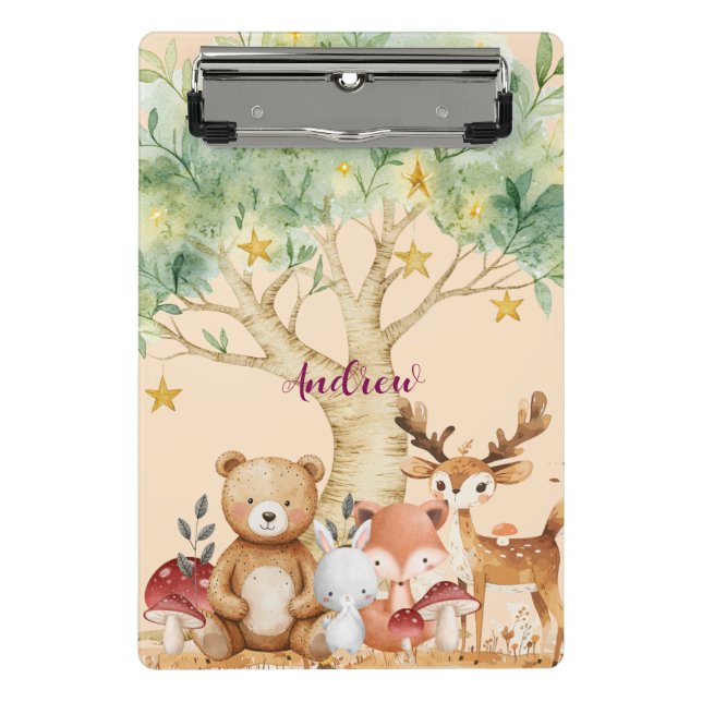 Custom Name Whimsical Woodland Forest Animals Mini Clipboard (Front)