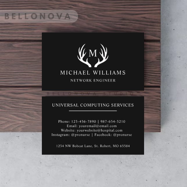 Custom Name White Black And White Deer Monogrammed Business Card (Custom Name White Black And White Deer Monogrammed Business Card)