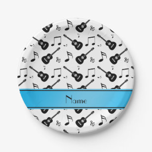 Custom name white black guitars music notes paper plates