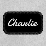 Custom name white black or any color patch<br><div class="desc">Your name or text in a retro script font. Default colors are white text on black background but this can be changed in the design tool.</div>